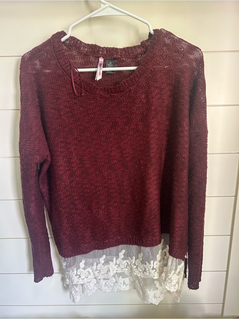Love By Design Burgundy Knit Crew Sweater with Cream Lace Hem
